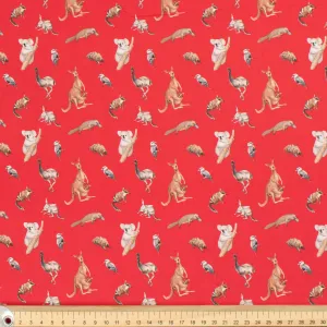 Australiana/Aboriginal Inspired Cotton Prints Design - Australian Animals on Red