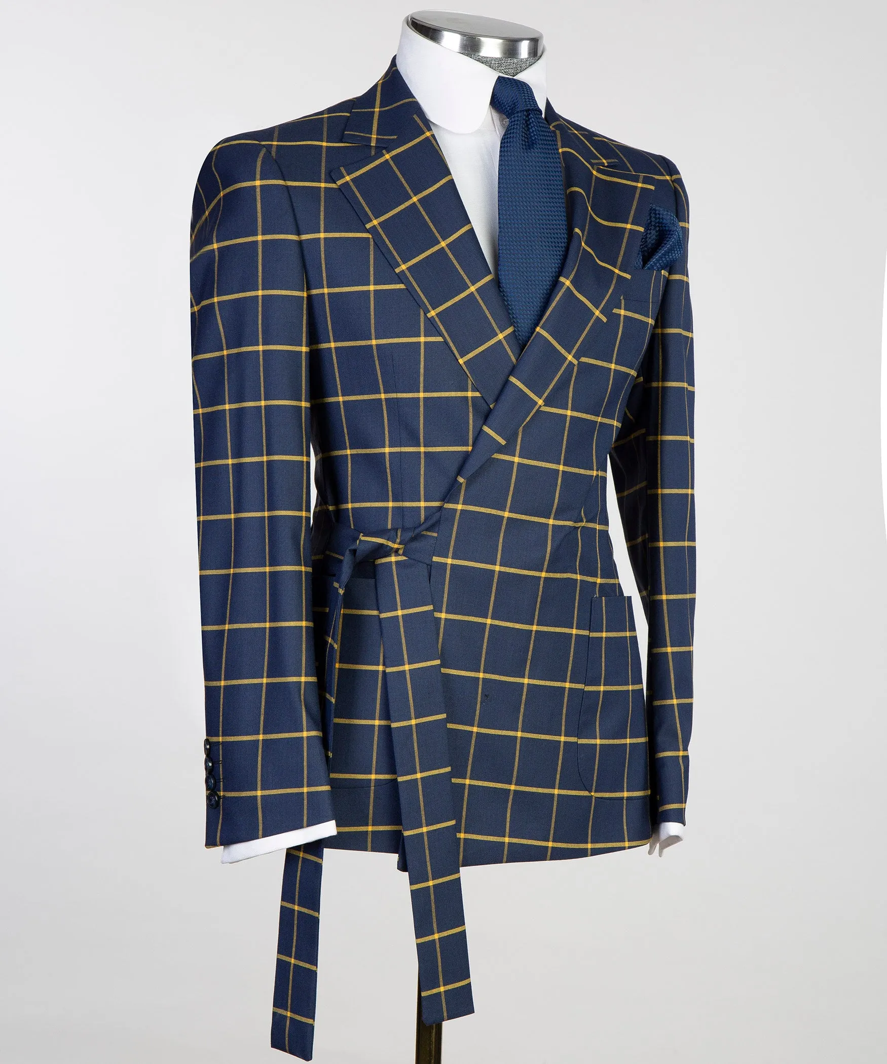 Belted Navy Blue Check Suit