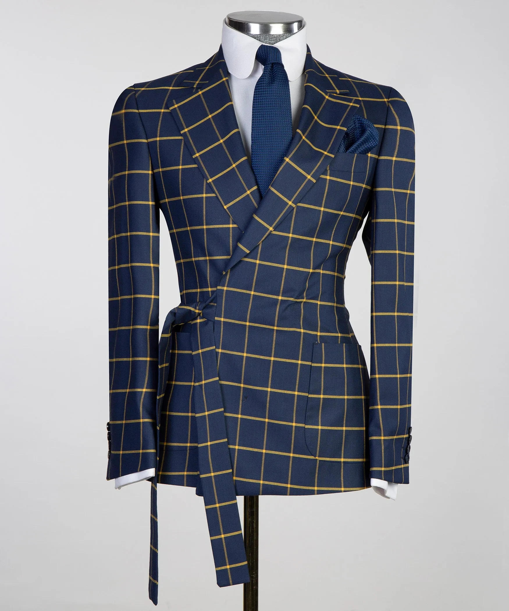 Belted Navy Blue Check Suit