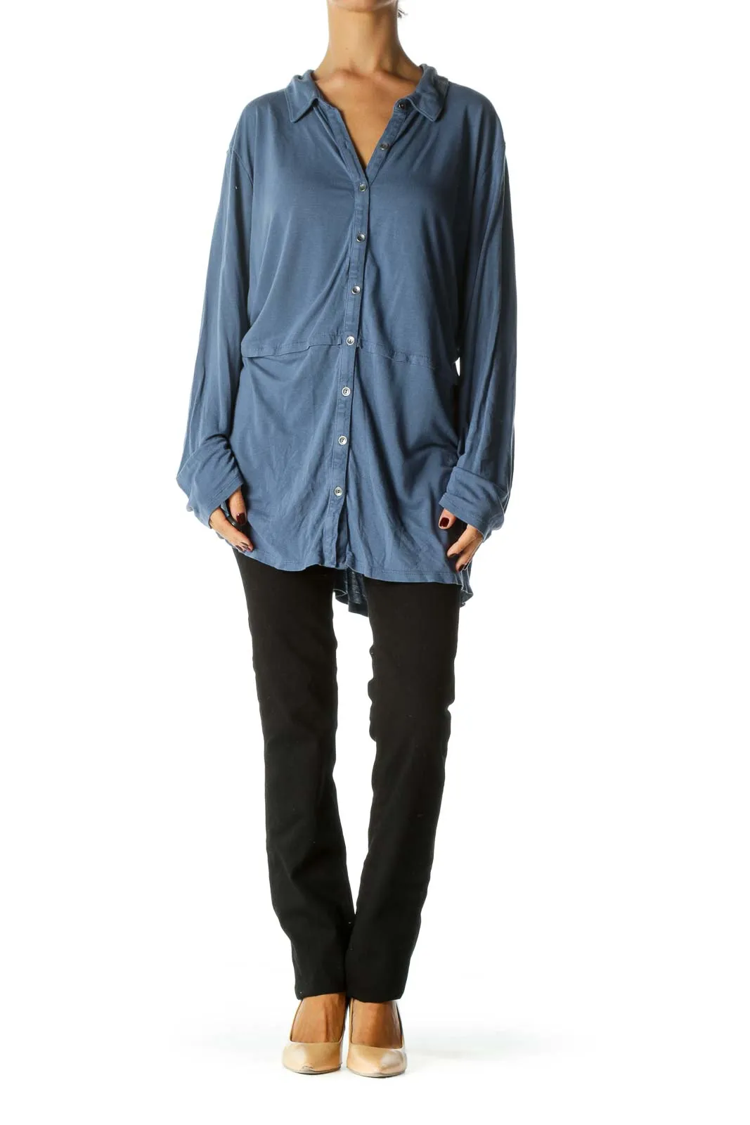 Blue Buttoned Long Sleeve Light Stretch Top