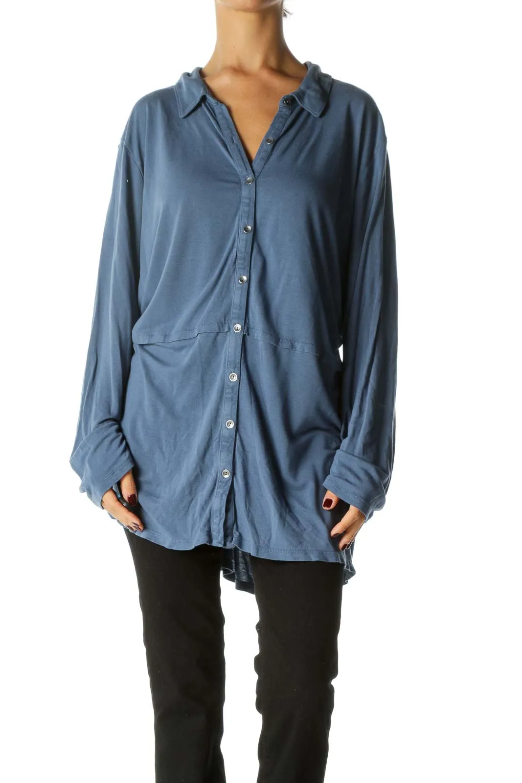 Blue Buttoned Long Sleeve Light Stretch Top