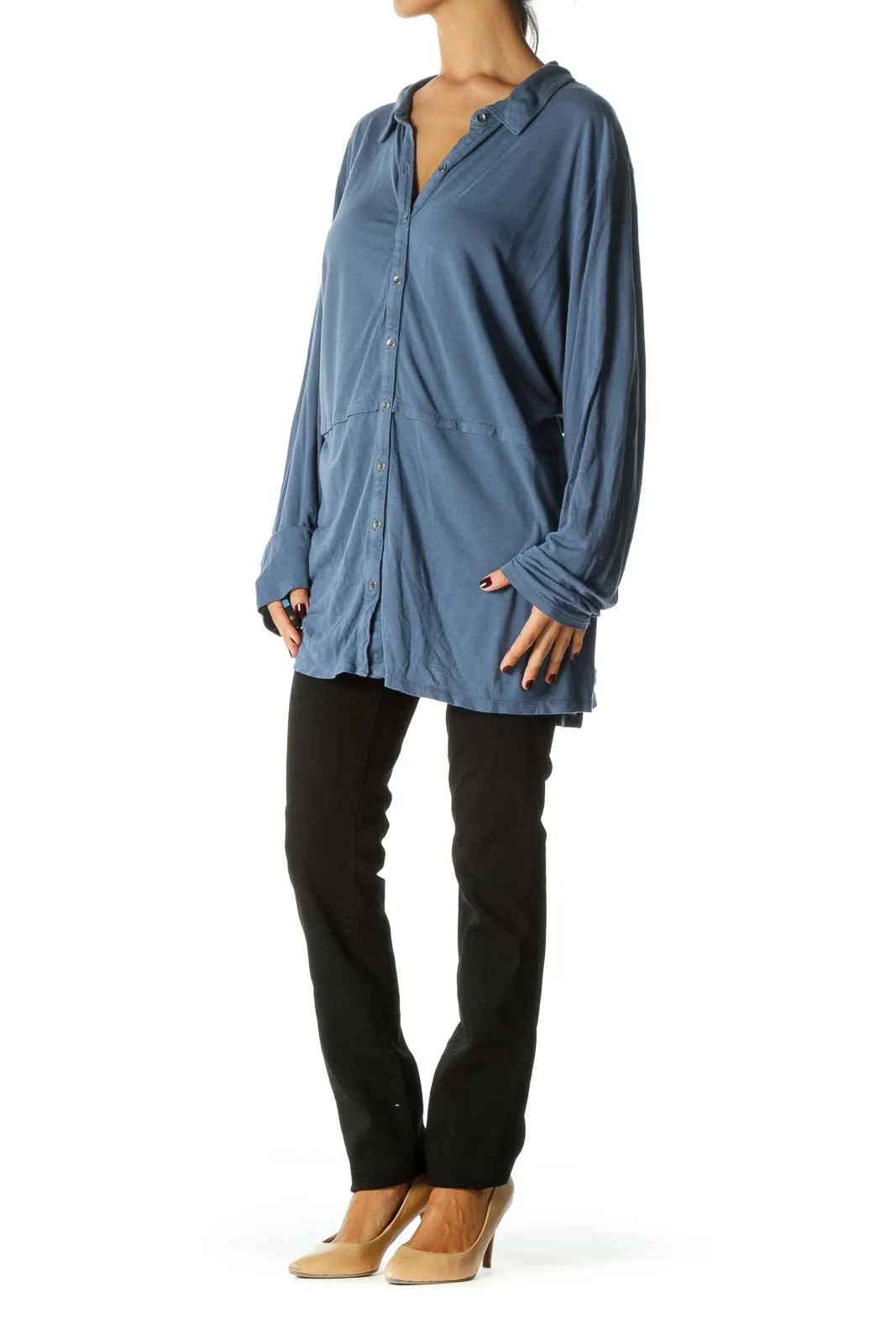 Blue Buttoned Long Sleeve Light Stretch Top