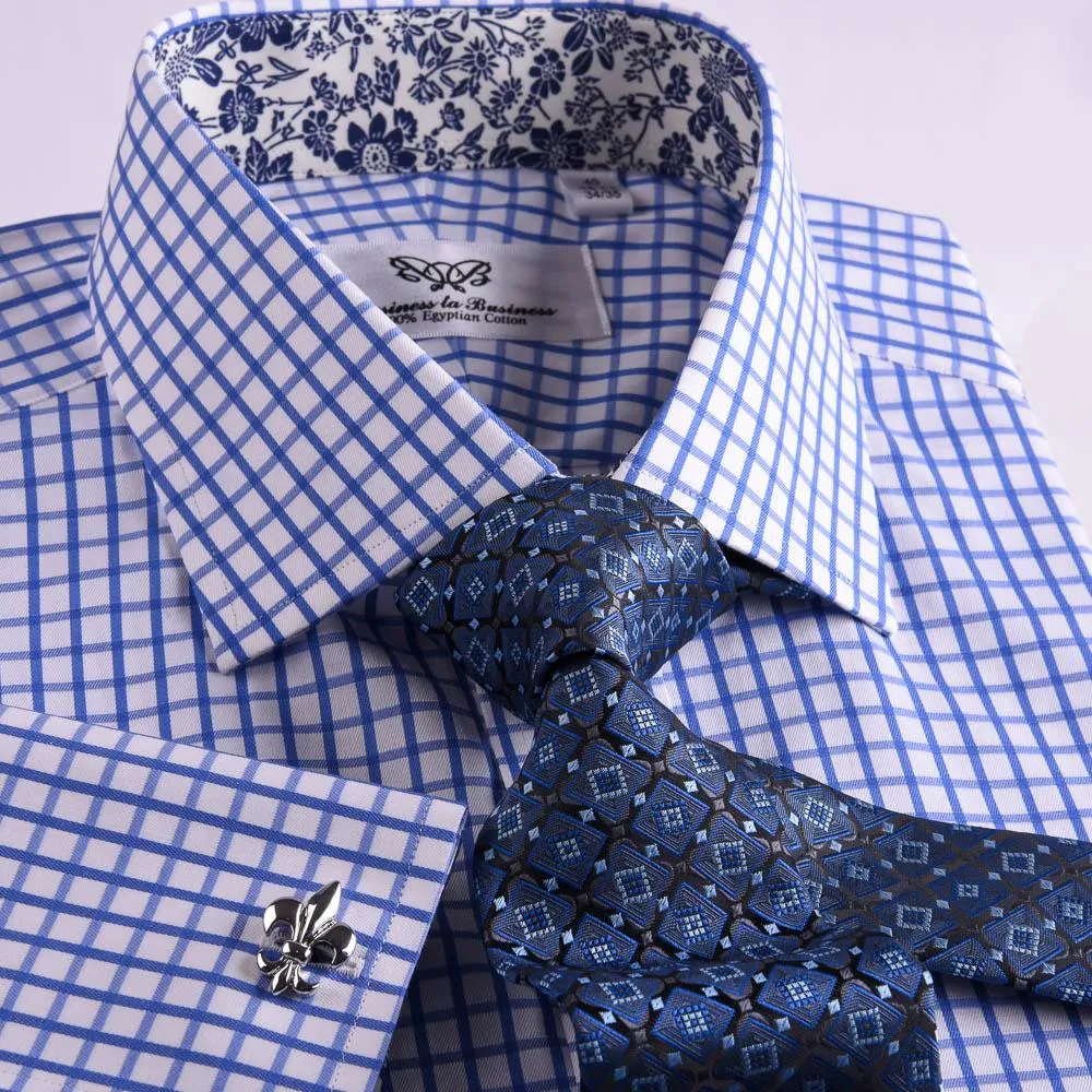 Blue Checks On Twill Formal Business Dress Shirt With Fashion Inner-Lining