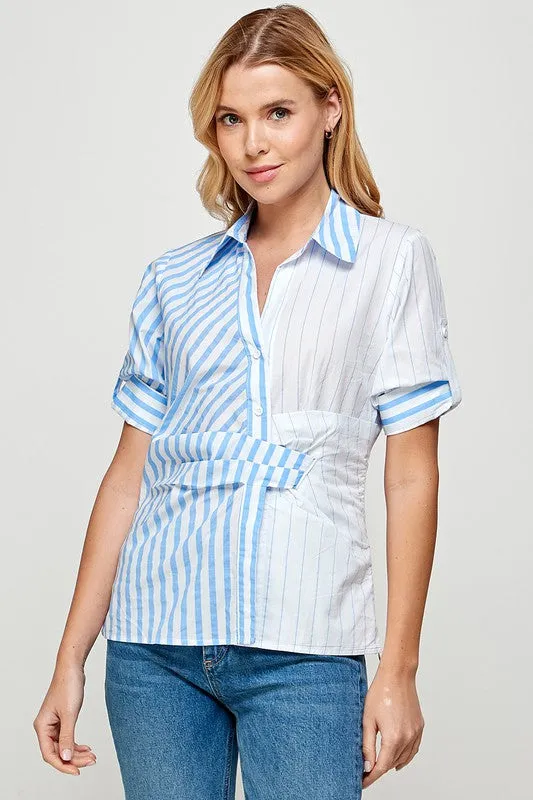 Blue Half Slv Color Block Button Down Stripe Shirt