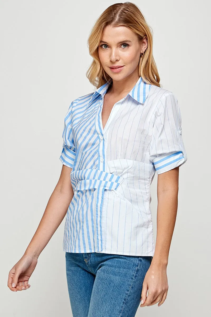 Blue Half Slv Color Block Button Down Stripe Shirt