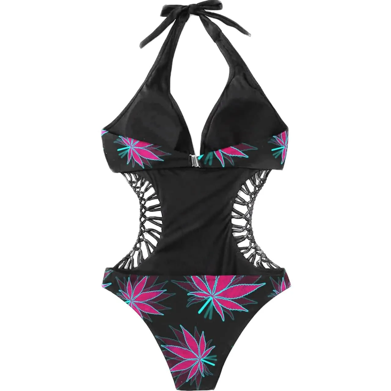 Cannabis Criss Cross Halter One Piece Swimsuit Purple