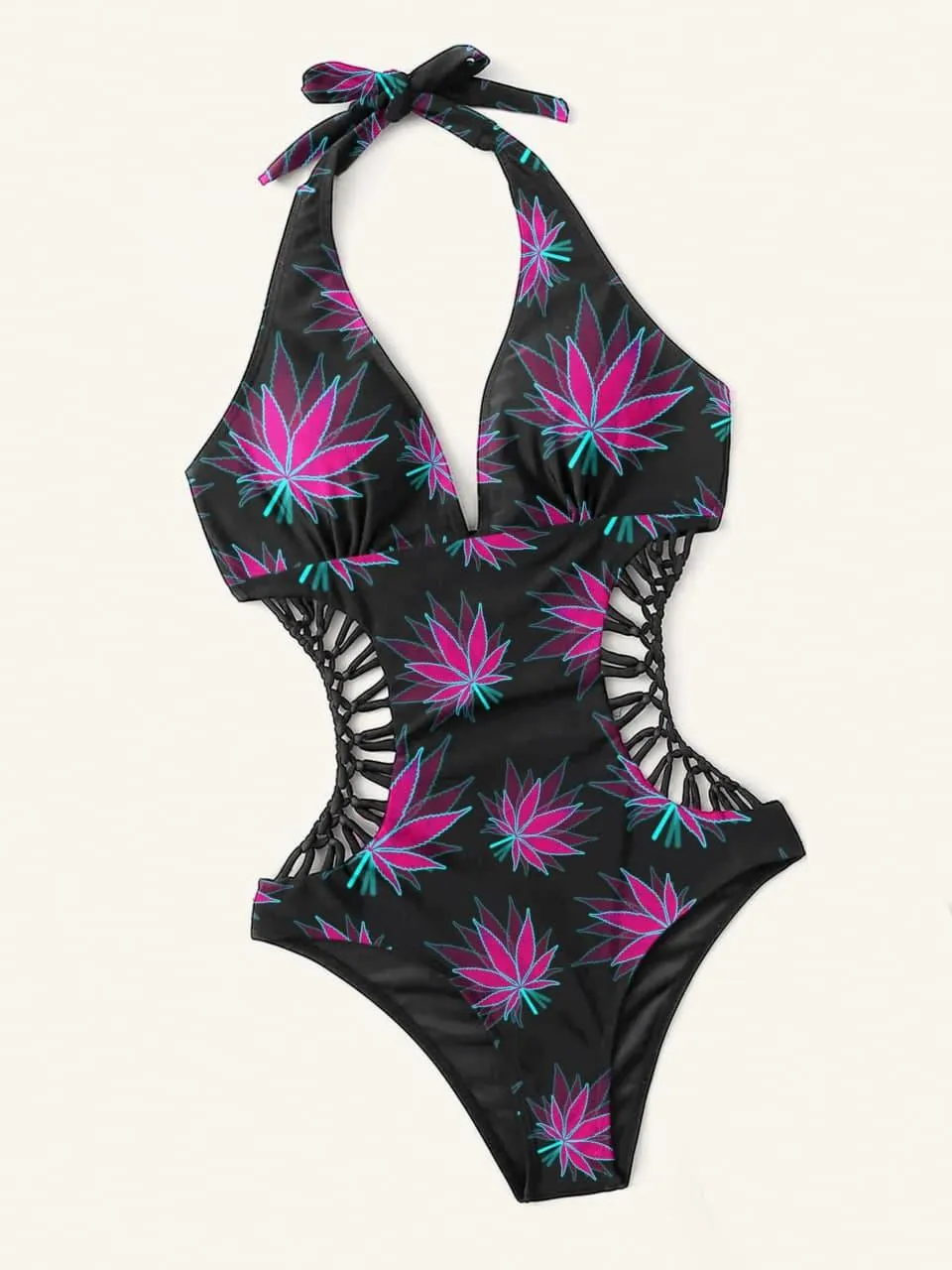 Cannabis Criss Cross Halter One Piece Swimsuit Purple