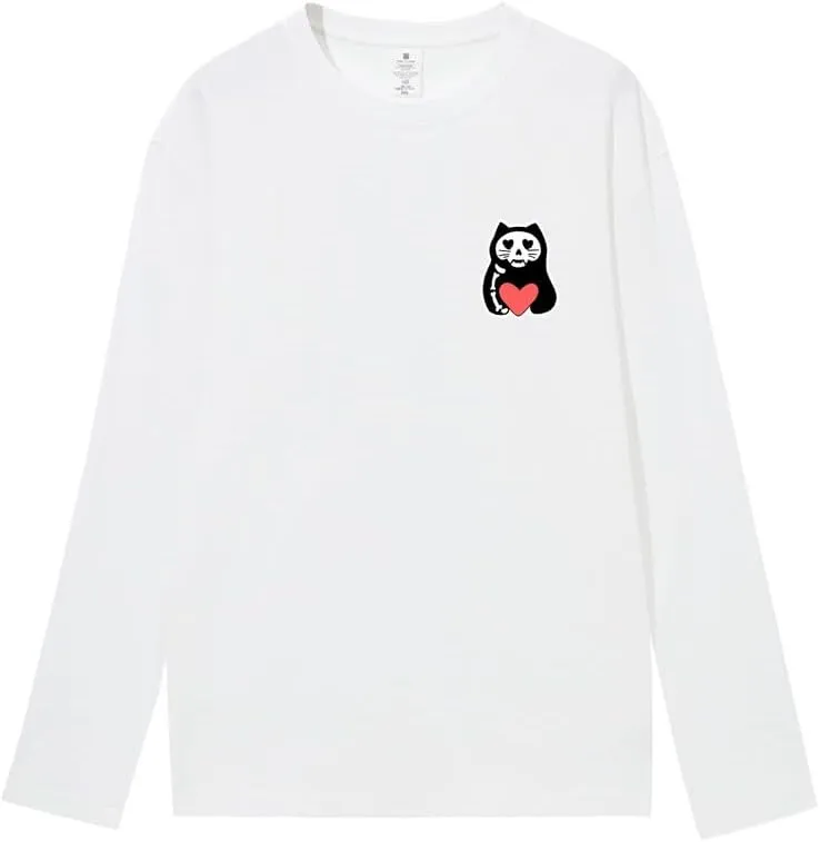 CORIRESHA Teen Cute Cat Heart Crewneck Long Sleeve Soft Cotton T-Shirt