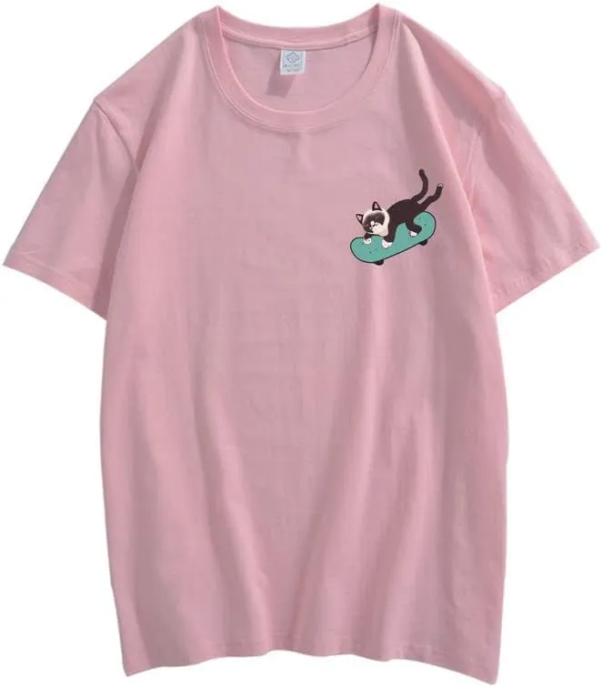 CORIRESHA Teen Kawaii Clothing Skateboard Cat Casual Crew Neck Soft Cotton T-Shirt