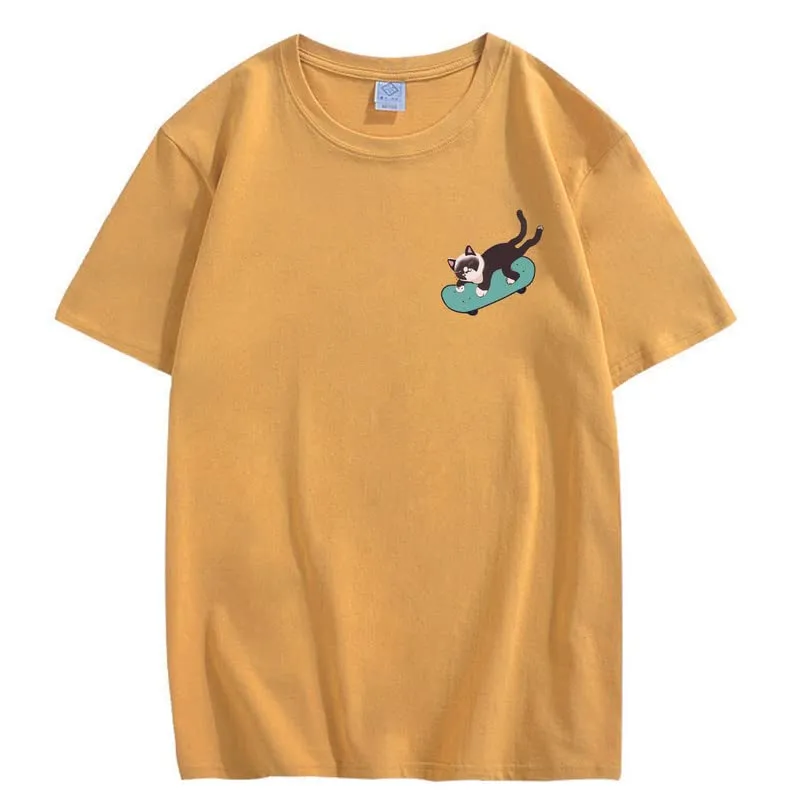 CORIRESHA Teen Kawaii Clothing Skateboard Cat Casual Crew Neck Soft Cotton T-Shirt