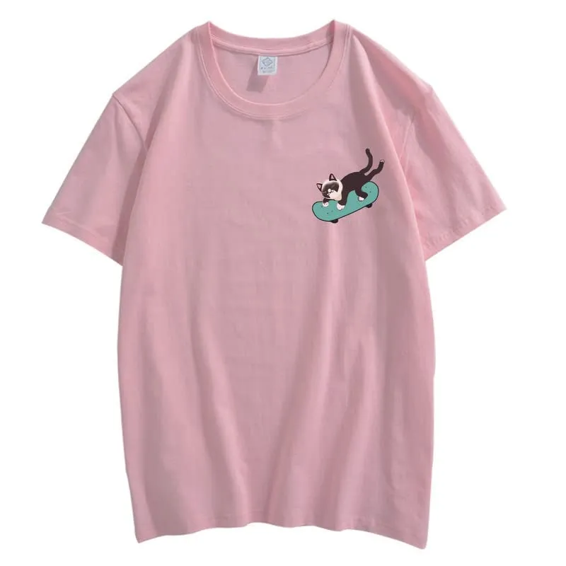 CORIRESHA Teen Kawaii Clothing Skateboard Cat Casual Crew Neck Soft Cotton T-Shirt