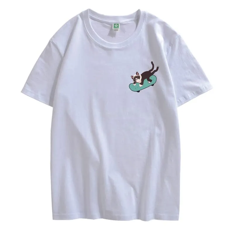 CORIRESHA Teen Kawaii Clothing Skateboard Cat Casual Crew Neck Soft Cotton T-Shirt