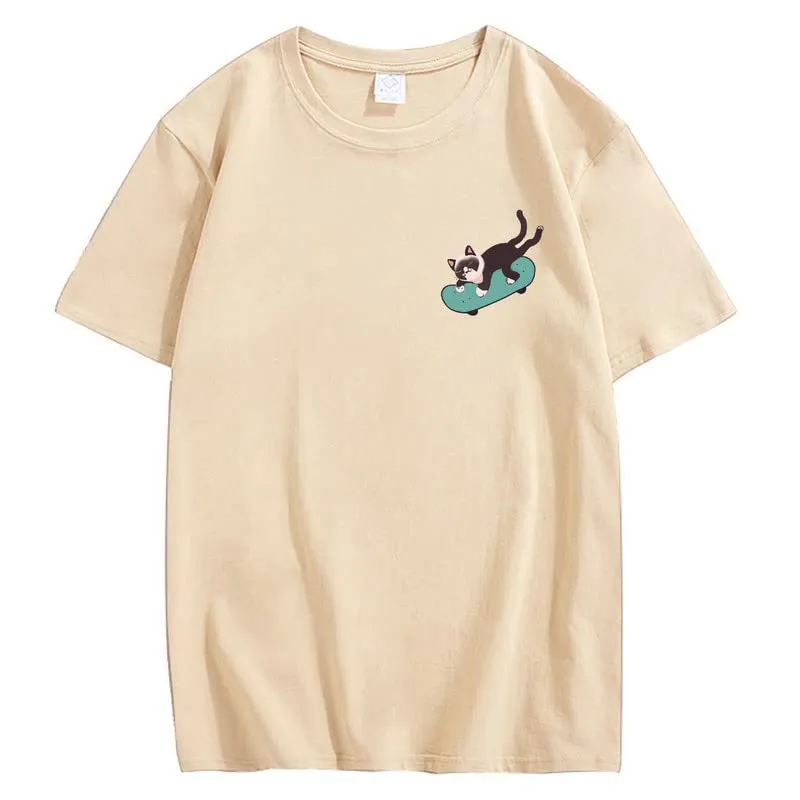 CORIRESHA Teen Kawaii Clothing Skateboard Cat Casual Crew Neck Soft Cotton T-Shirt