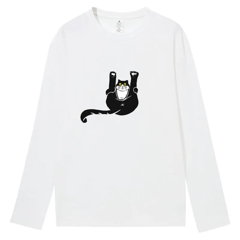 CORIRESHA Unisex Funny Cat Tops Crewneck Long Sleeves Fall Cotton Cute T-Shirts