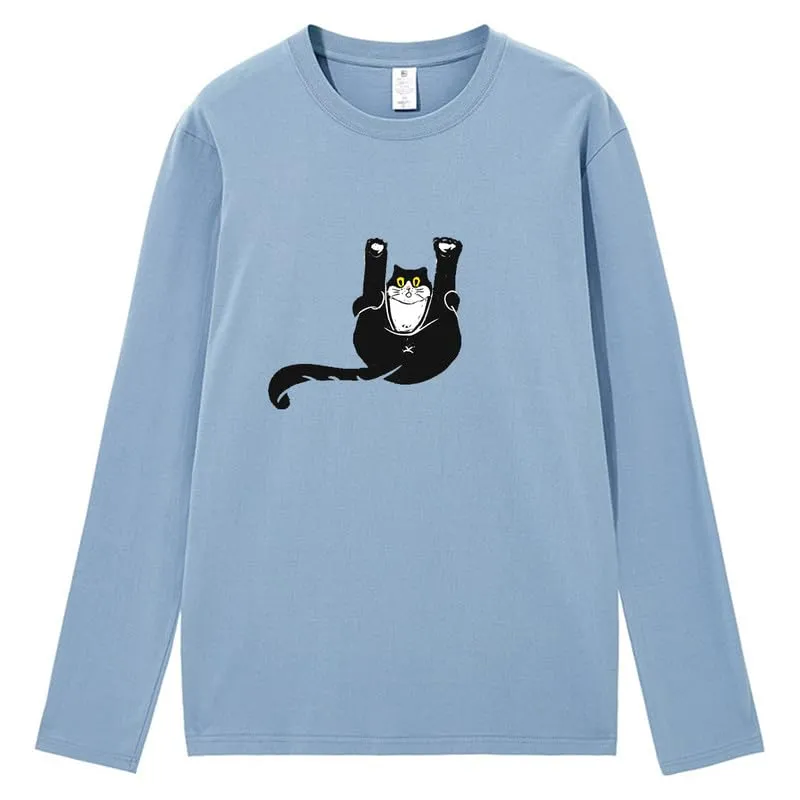 CORIRESHA Unisex Funny Cat Tops Crewneck Long Sleeves Fall Cotton Cute T-Shirts