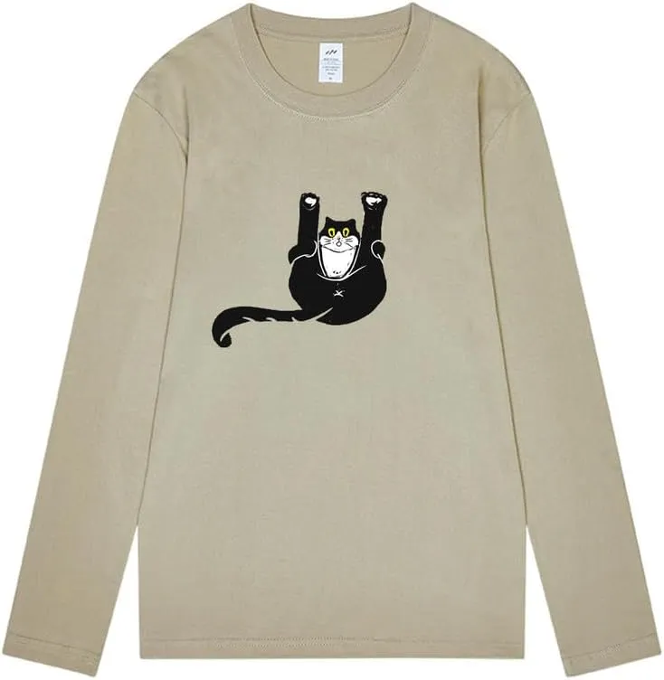 CORIRESHA Unisex Funny Cat Tops Crewneck Long Sleeves Fall Cotton Cute T-Shirts