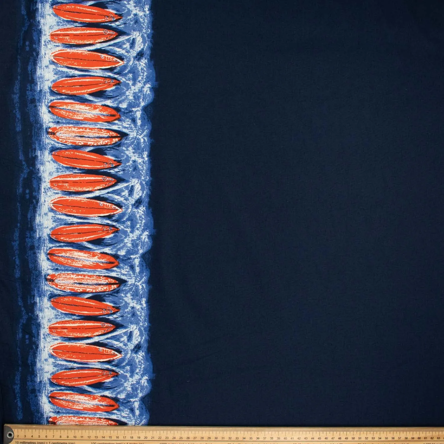 Cotton Border Prints Design-10 Orange Surfboard on Navy Ocean