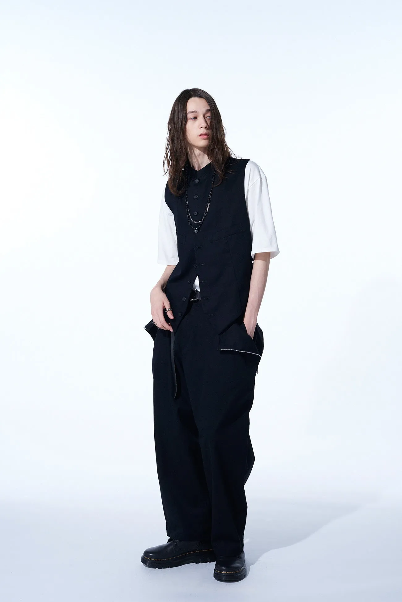 COTTON TWILL DRAWSTRING WIDE PANTS WITH ZIP SIDE POCKET