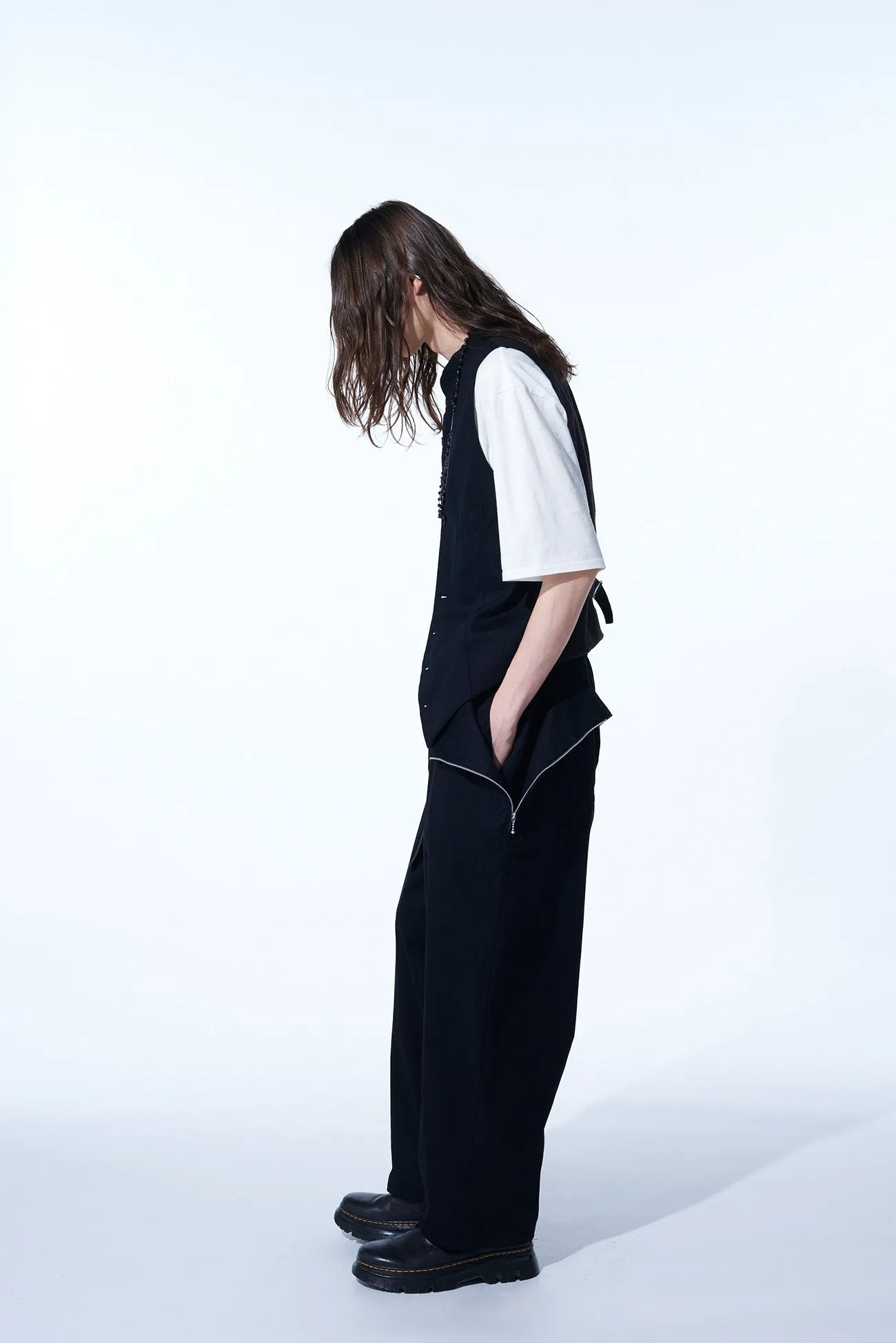 COTTON TWILL DRAWSTRING WIDE PANTS WITH ZIP SIDE POCKET