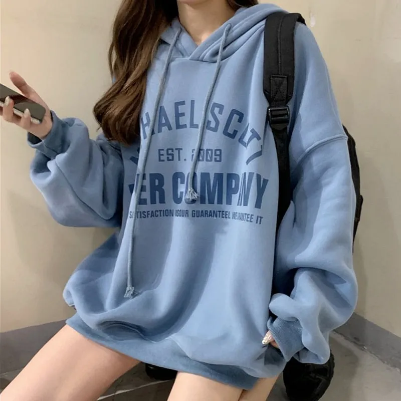 Fashionkova  Oversized Hoodies Women Autumn Harajuku Letter Print Thicken Fleece Warm Hooded Sweatshirt Lady Loose Pullover Hoodie Streetwear