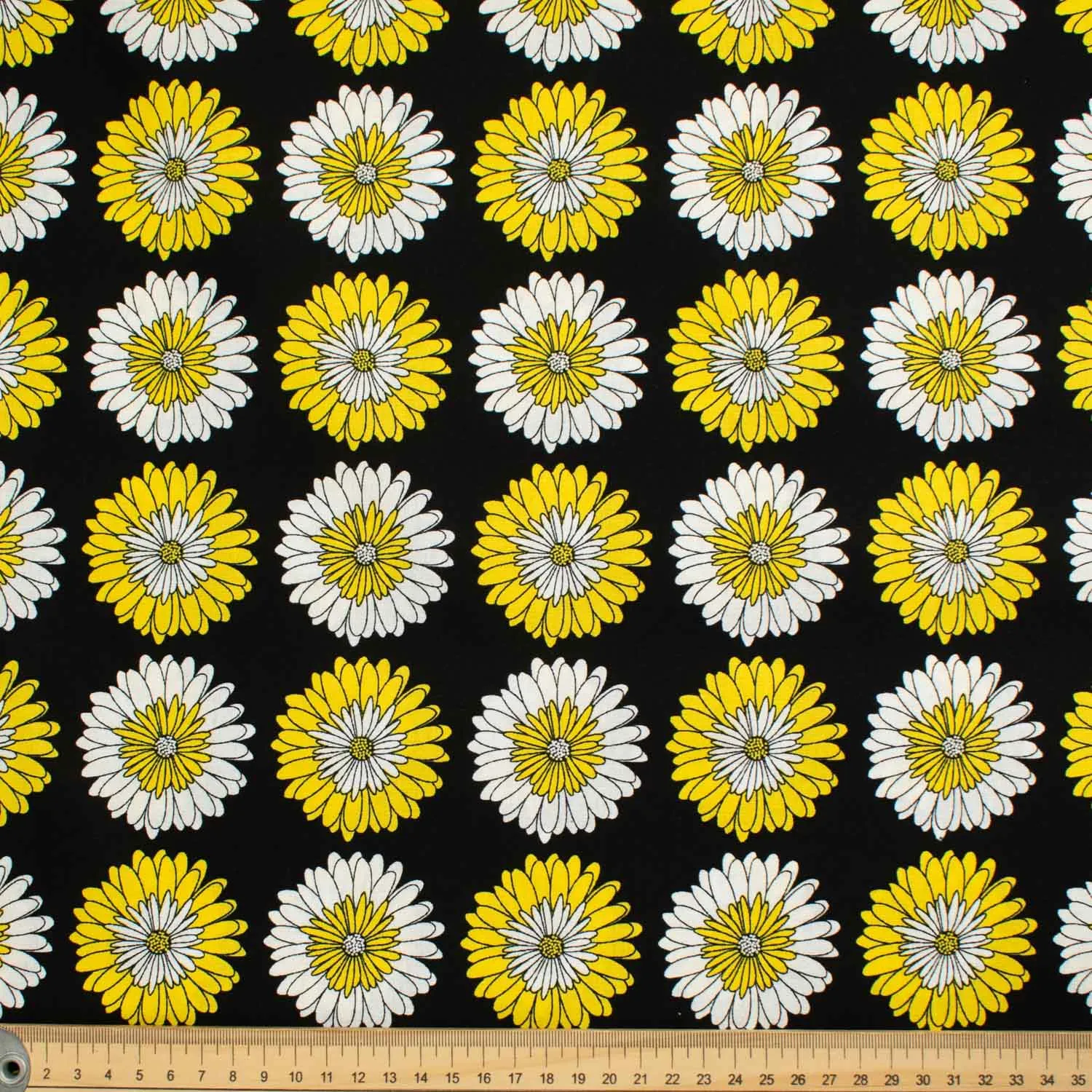 Flowers & Birds Cartoon Collection White & Yellow Chrysanthemum on Black Cotton Prints