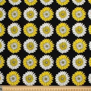 Flowers & Birds Cartoon Collection White & Yellow Chrysanthemum on Black Cotton Prints