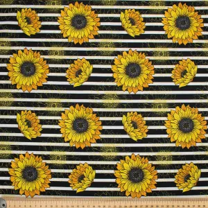 Flowers in Full Bloom Series Sun Flowers on Black Stripes Cotton Prints