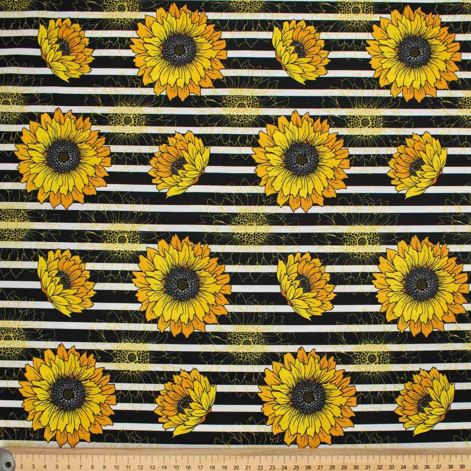 Flowers in Full Bloom Series Sun Flowers on Black Stripes Cotton Prints