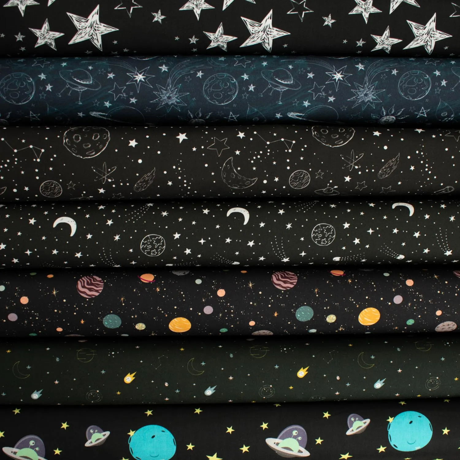 Galaxy Collection #02 White Sketch Planets UFO & Rockets on Navy Cotton Prints