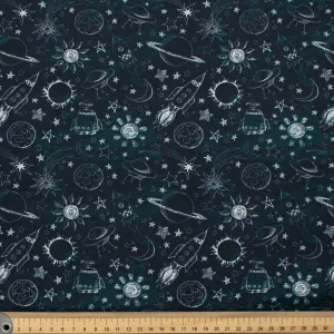 Galaxy Collection #02 White Sketch Planets UFO & Rockets on Navy Cotton Prints