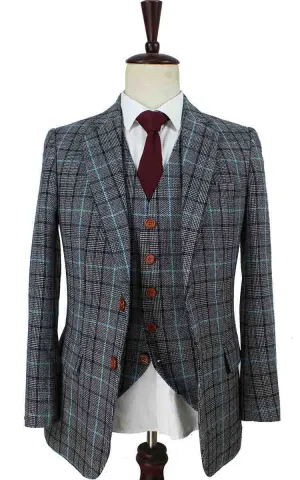 GREY BLUE HOUNDSTOOTH PLAID TWEED 2 PIECE SUIT