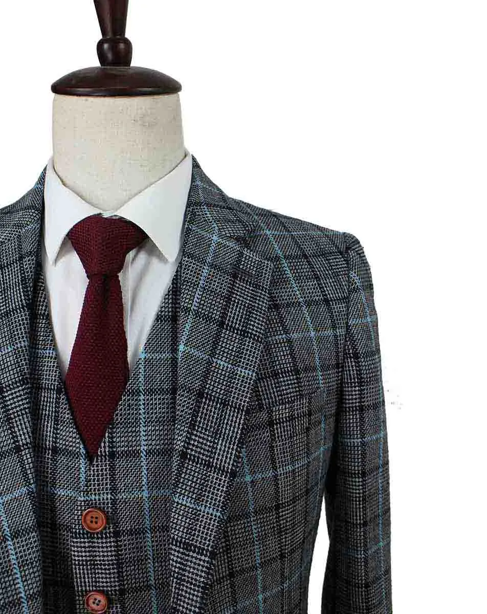 GREY BLUE HOUNDSTOOTH PLAID TWEED 2 PIECE SUIT