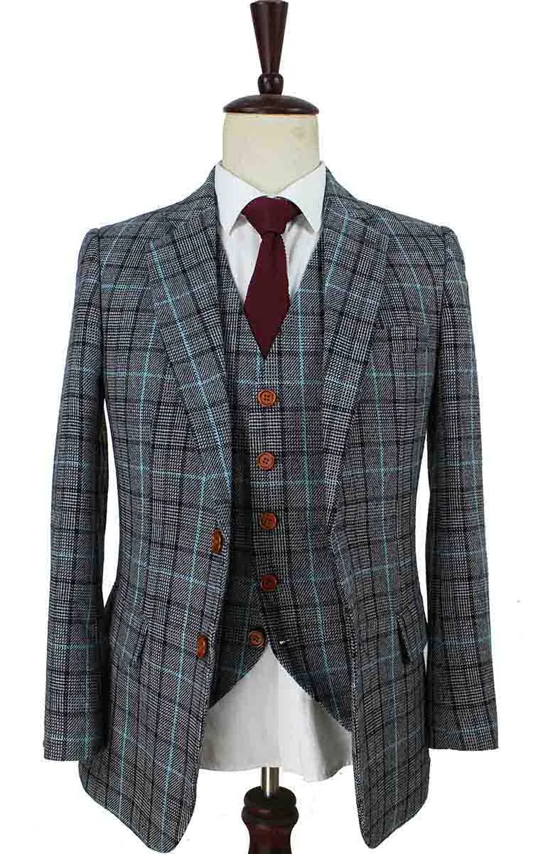 GREY BLUE HOUNDSTOOTH PLAID TWEED 2 PIECE SUIT