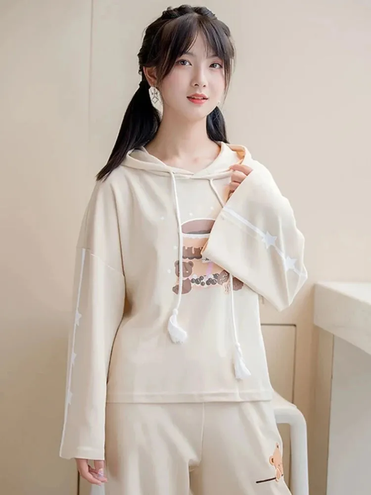 Harakuju Print Kawaii Hoodies Women Summer Half Sleeve Cotton Hooded Sweatshirts Sweet Style Korean Fashion Drawstring Tops