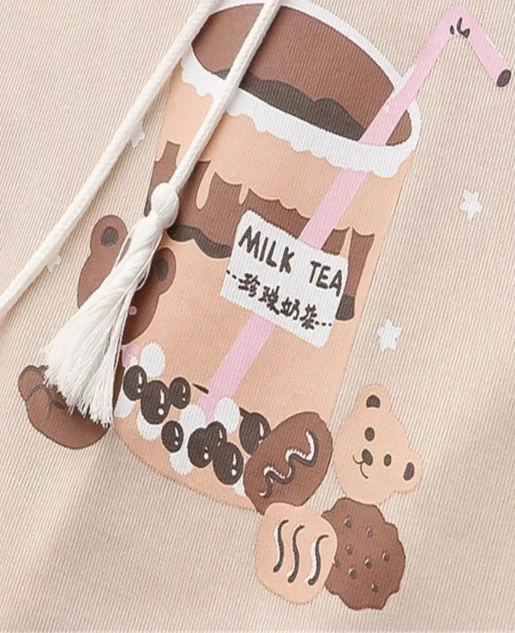 Harakuju Print Kawaii Hoodies Women Summer Half Sleeve Cotton Hooded Sweatshirts Sweet Style Korean Fashion Drawstring Tops