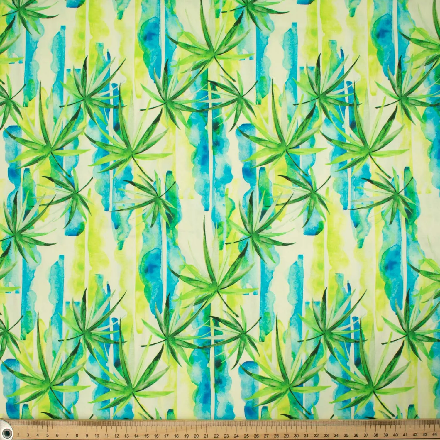 Hawaii Style Collection #01 Green Leaves & Blue Watercolour Shading Stripes Cotton Prints