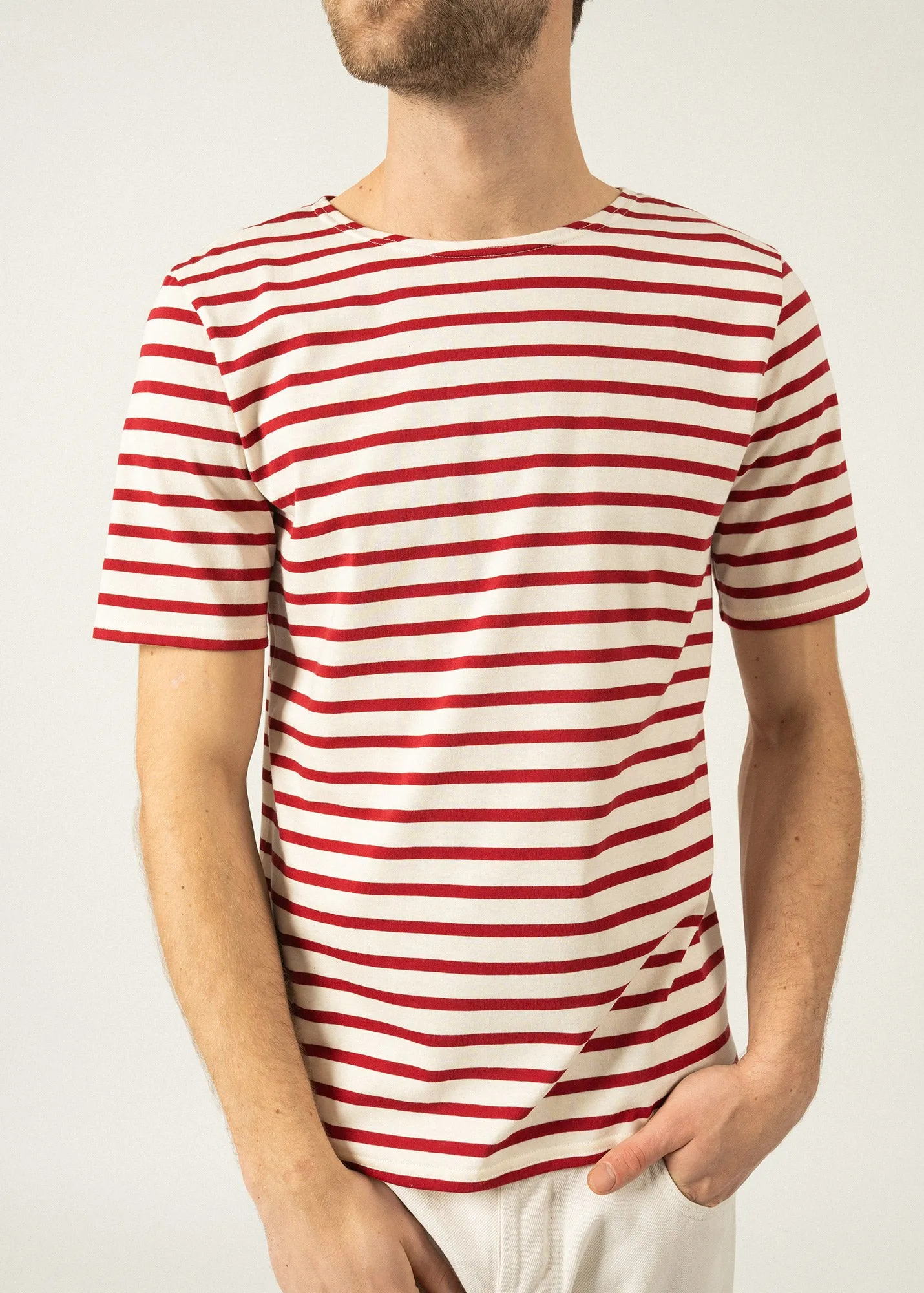 LEVANT MODERN - Breton Stripe Short Sleeve Shirt | Soft Cotton | Unisex Fit (ECRU / MAROON)