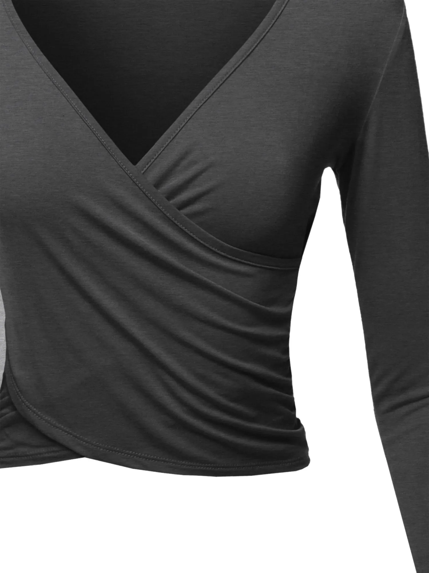 Long Sleeve Deep V Neck Cross Wrap Crop Top T Shirts Black