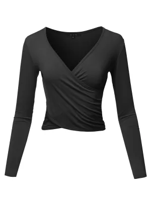 Long Sleeve Deep V Neck Cross Wrap Crop Top T Shirts Black