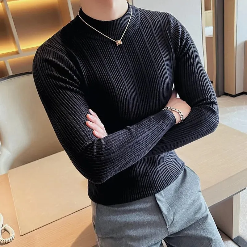 Men’s Slim Fit Turtleneck Knitted Sweater – Autumn Casual Striped Pullover Warm Top