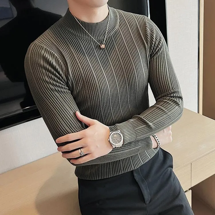 Men’s Slim Fit Turtleneck Knitted Sweater – Autumn Casual Striped Pullover Warm Top