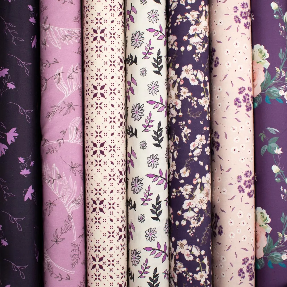 Old World Purple Collection #05 Small White Flower on Purple Cotton Prints