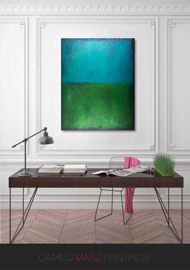 Original Blue wall art Acrylic painting minimalist art green abstract geometric art modern art large wall art, Abstract Painting