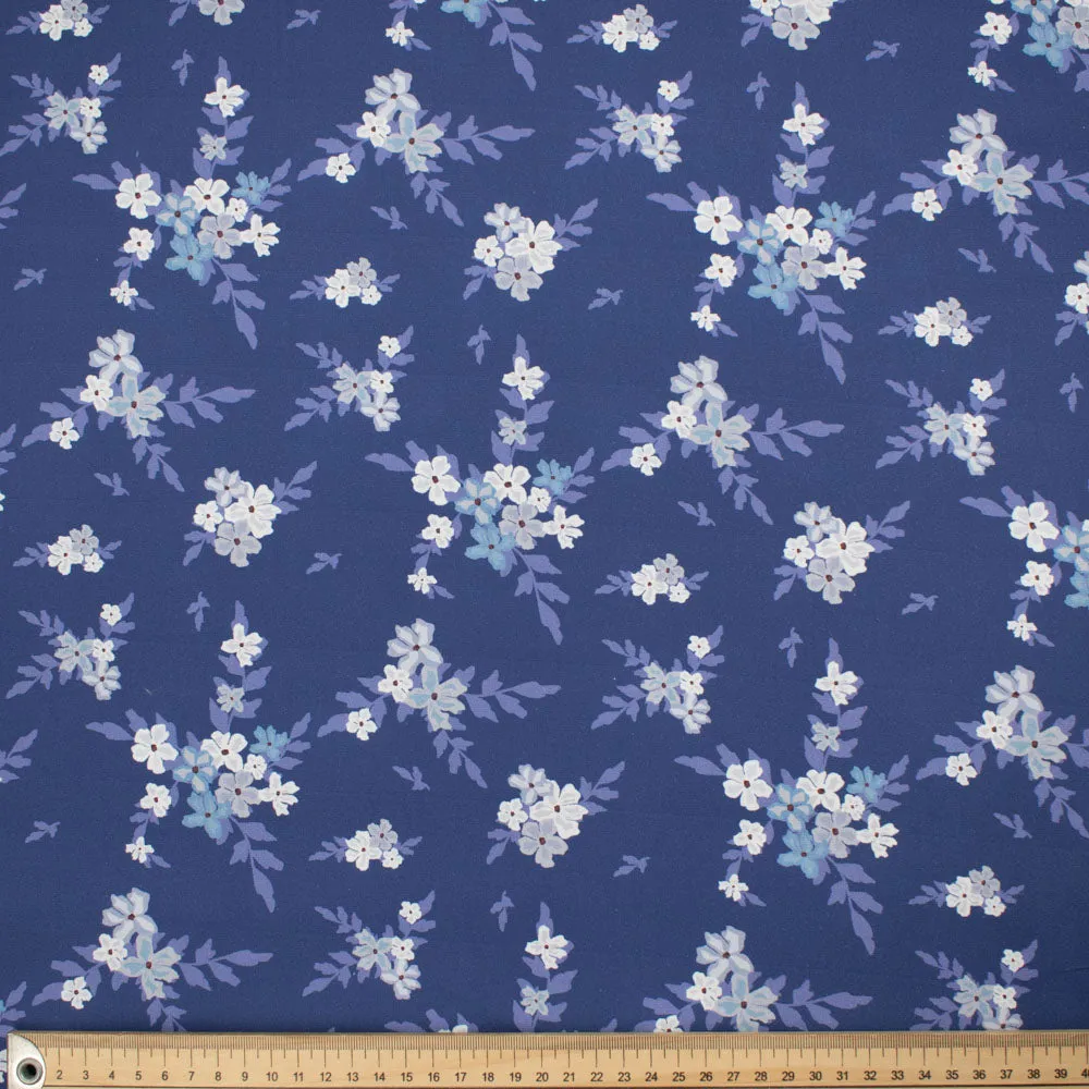 Petite Studio Blue Collection #06 Small White Flower & Lilac Leaves on Blue Cotton Prints