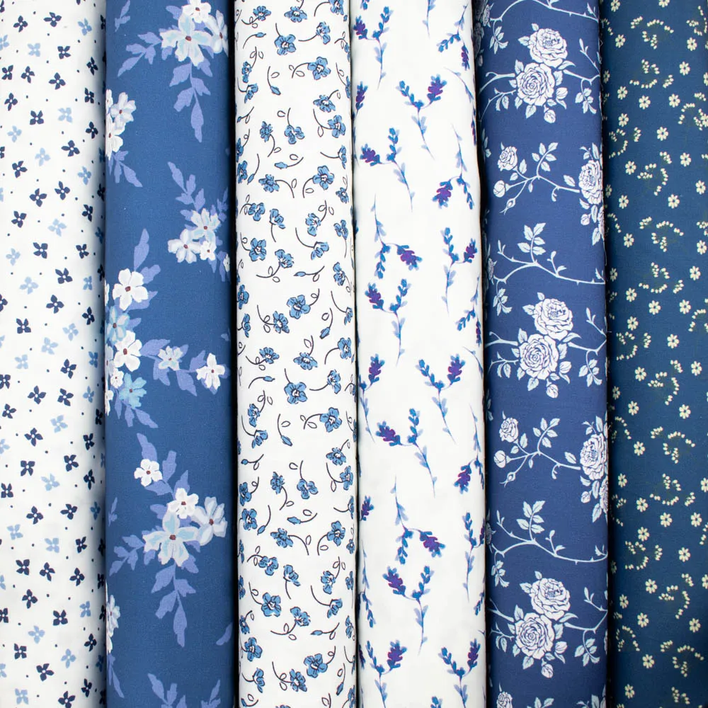 Petite Studio Blue Collection #06 Small White Flower & Lilac Leaves on Blue Cotton Prints