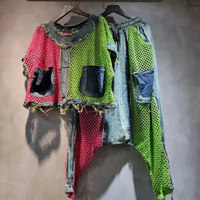 Pre Order:  Patchwork Contrast Color Burrs Denim Pockets Top   Elastic Waist Pants