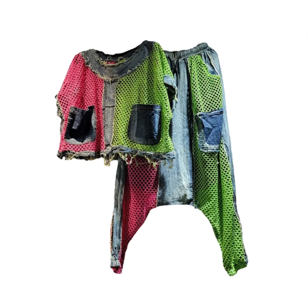 Pre Order:  Patchwork Contrast Color Burrs Denim Pockets Top   Elastic Waist Pants