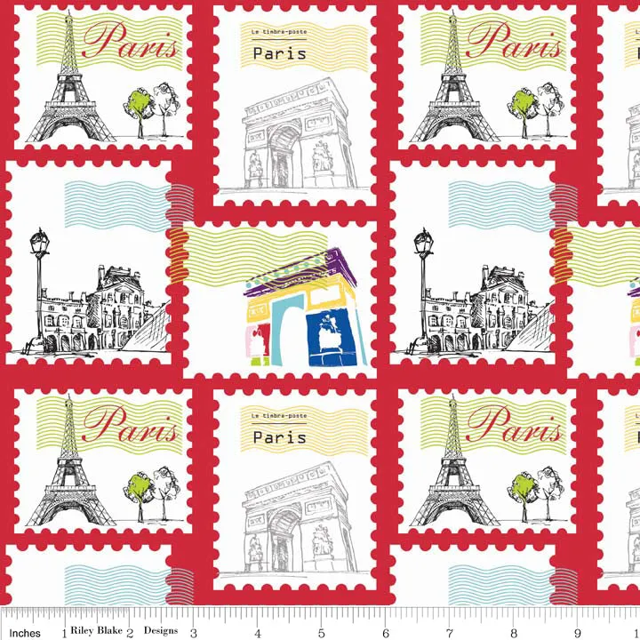 Riley Blake Designs Pepe in Paris Stamp on Red Cotton Prints