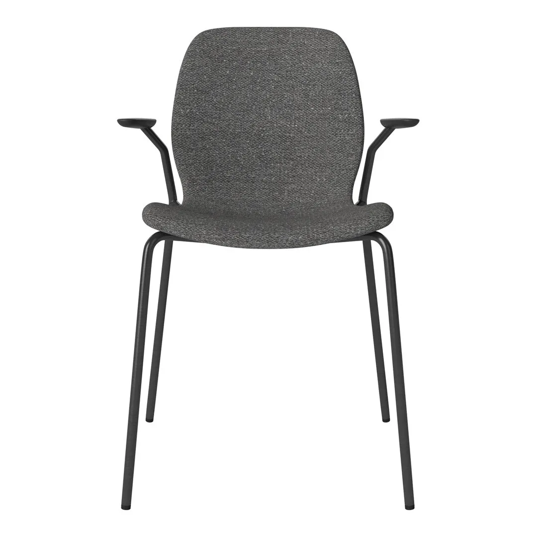 Seed Dining Chair w/ Open Arms - Upholstered -  Steel Base, Black Lacquered