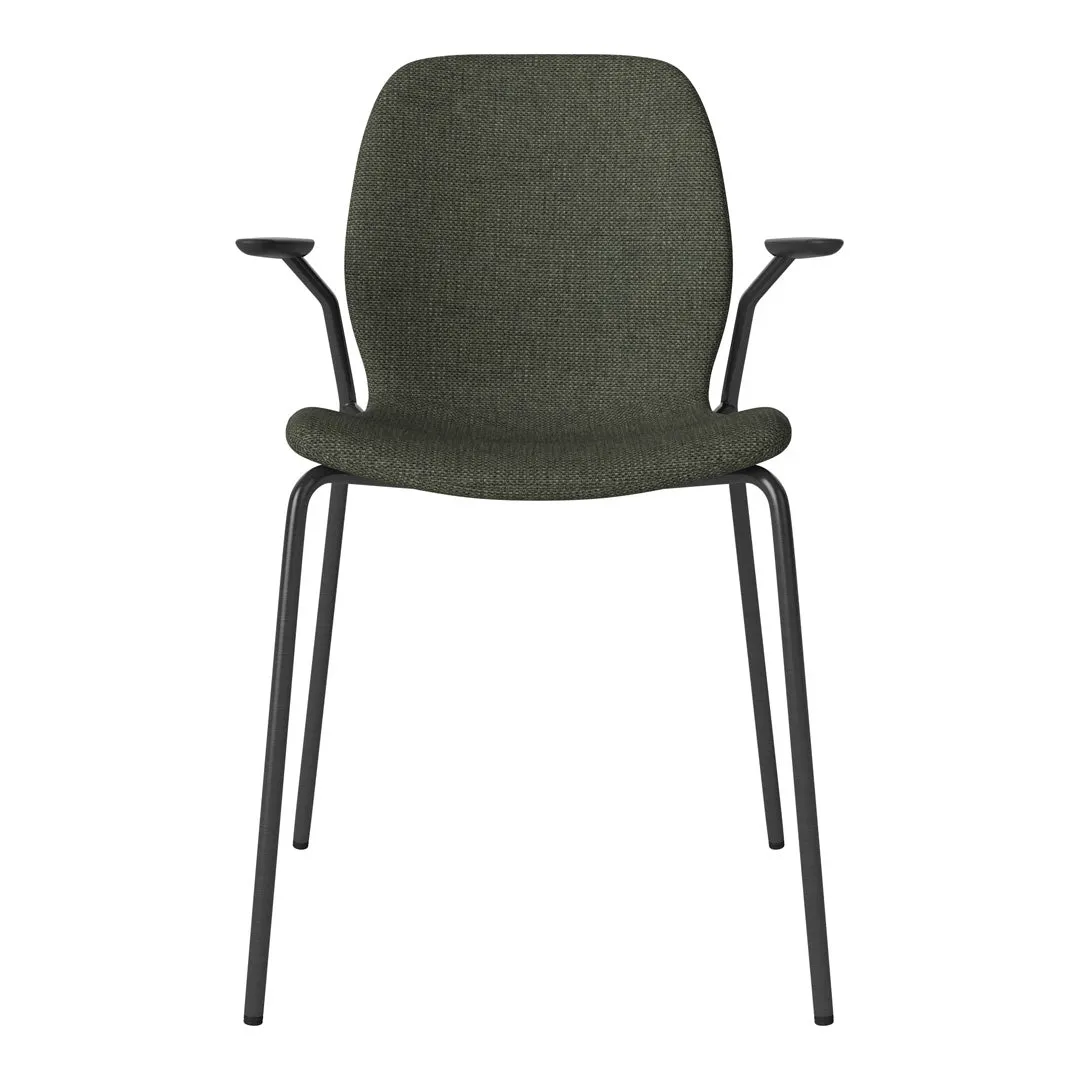 Seed Dining Chair w/ Open Arms - Upholstered -  Steel Base, Black Lacquered